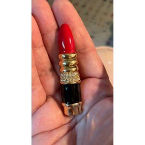ZARD Red Lipstick Pin Brooch with Enamel and Crystal Rhinestone Accents